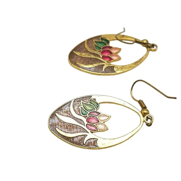 Multicolor Enamel Floral Cloisonné Dangle Drop Earrings Gold Tone Vintage - Picture 3 of 5